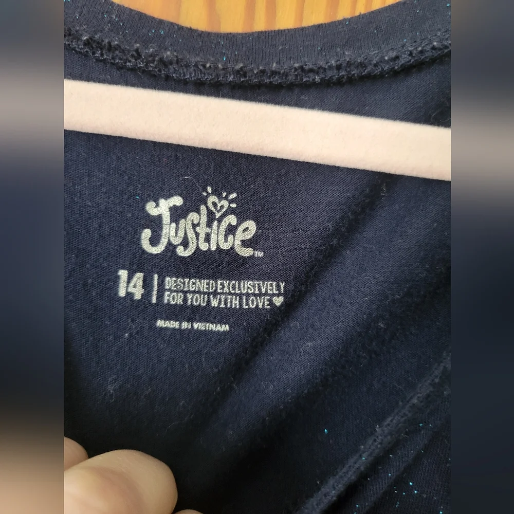 Justice Girls Navy Blue Graphic T-Shirt Top with Glitter Strawberry 14